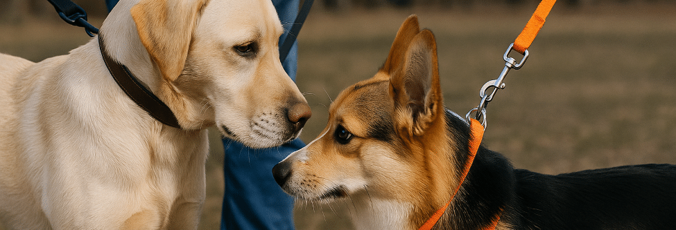2 chiens qui se font face tenus en laisse